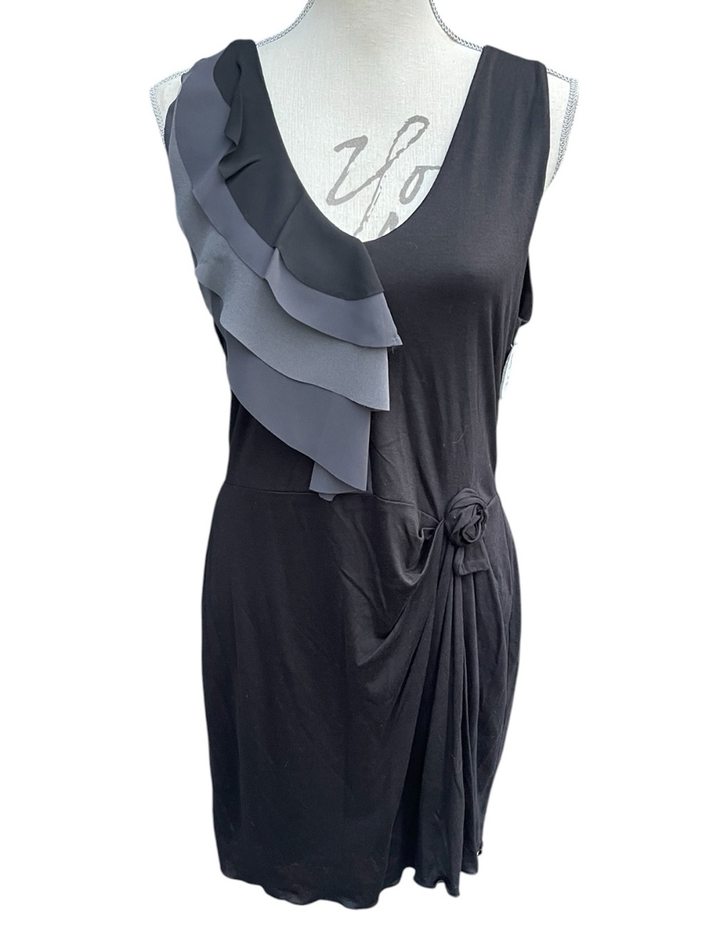 NWT Valerie Dumaine Black/Grey Ruffle Double V Neck Side Knot Mini Dress (S)